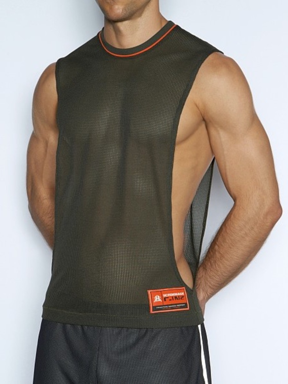 Men's Olive Mesh Tank with Orange Trim - Athletic Muscle Tee